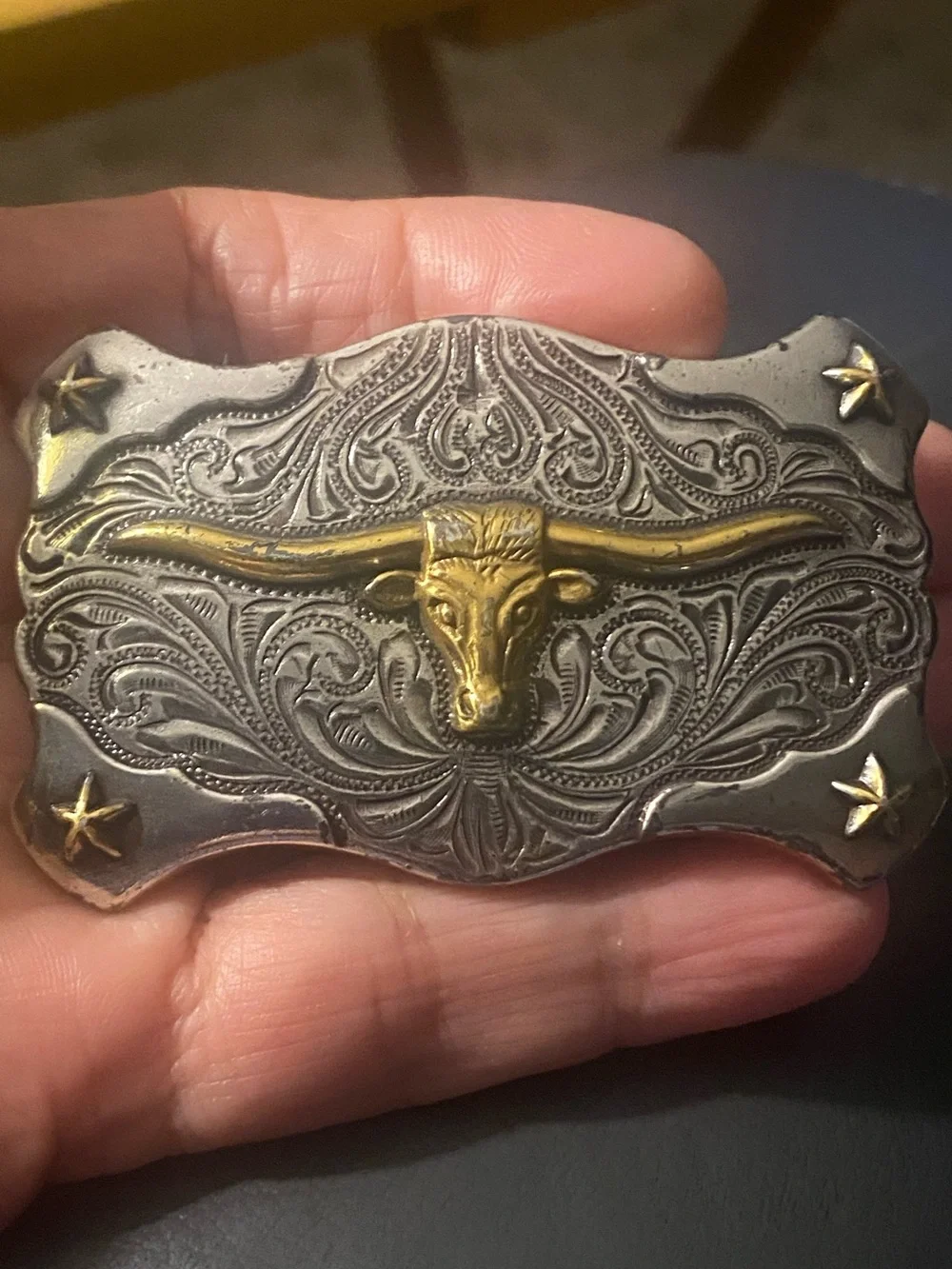 Vintage Western Style Longhorn Steer Belt Buckle Two-Tone Silver & Gold Draign